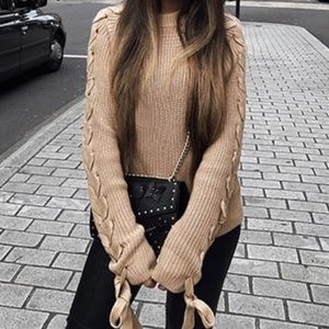 Knit Cream Cozy Fall/Winter Lace Up Sweater OS